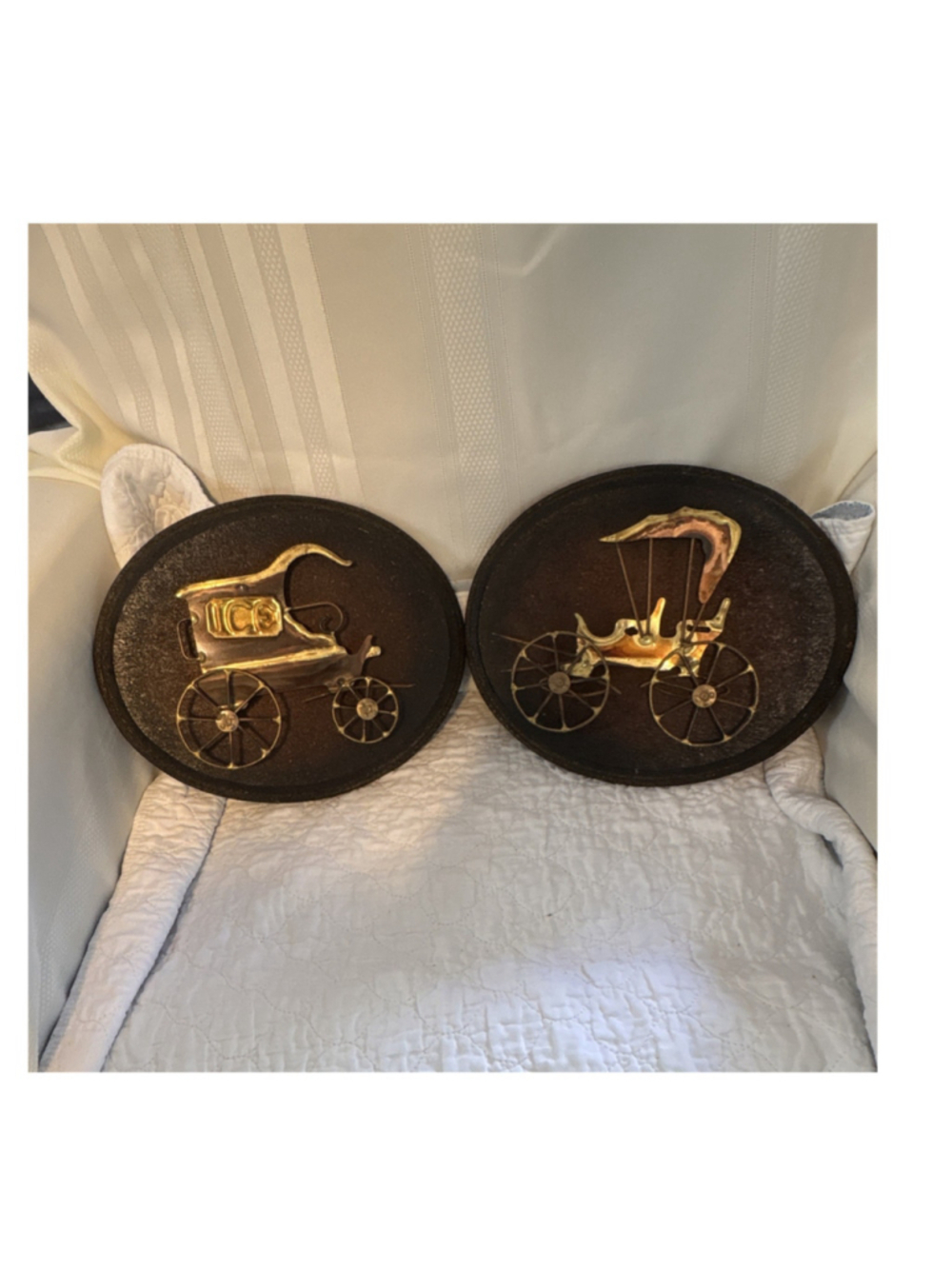 Set of 2 Large Vintage Carriage Round Metal Trivets w/ Cork Backing 10in